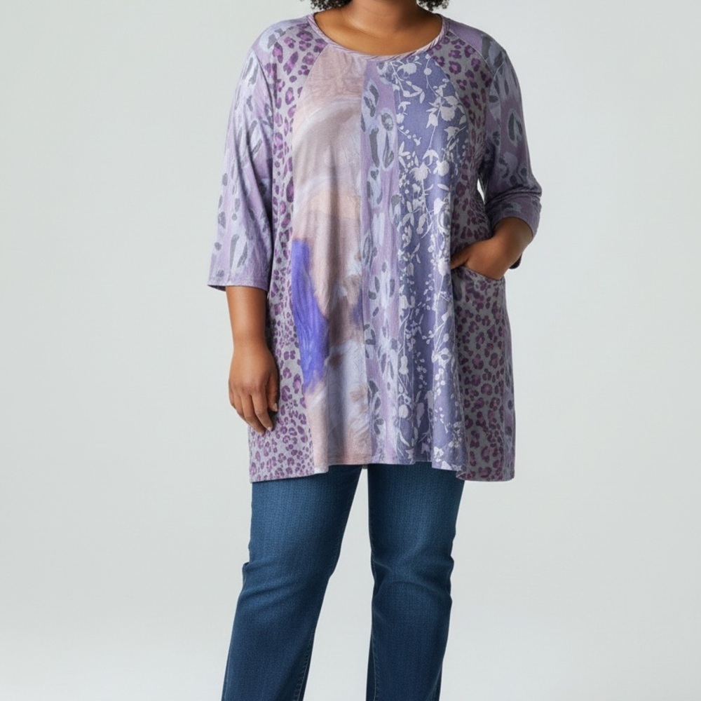 LOGO Patchwork Flowy Floral Cheetah Stretchy Knit Top 2X Tunic Purple‎ Pockets